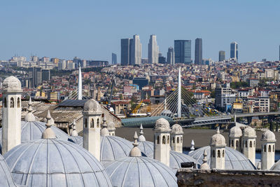Panoramic view of buildings in city against clear sky