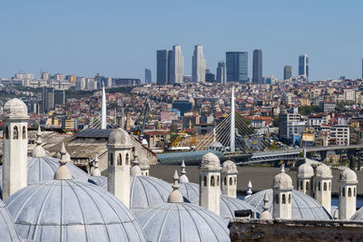 Panoramic view of buildings in city against clear sky