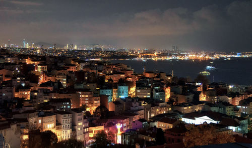 High angle view of illuminated city against sky