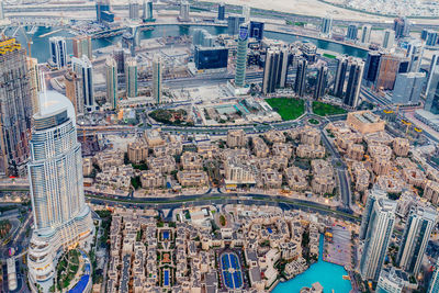 High angle view of buildings in city