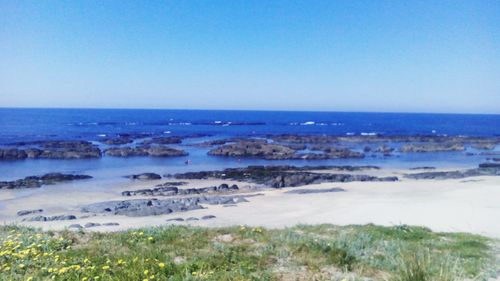 Scenic view of calm sea against clear sky