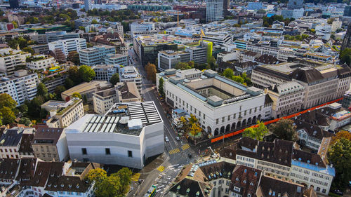 High angle view of street amidst buildings in city