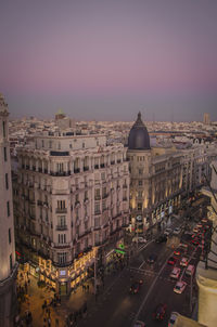 High angle view of city at sunset