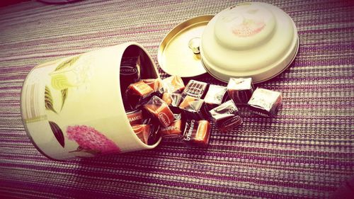 High angle view of drink on table