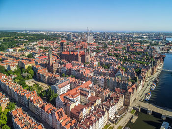 High angle view of old town against sky, aerial view on the old town in gdansk, poland