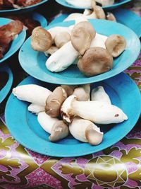 High angle view of mushrooms in plate on table