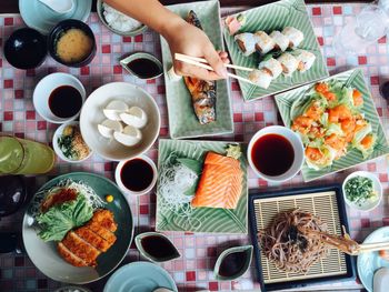 High angle view of man eating food