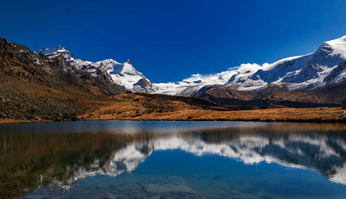 Scenic view of lake and snowcapped mountains against blue sky