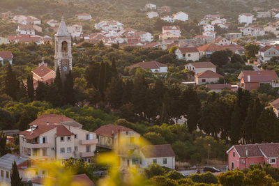 High angle view of houses and buildings in town, murter, croatia