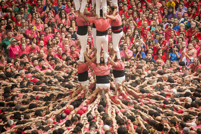 High angle view of human pyramid during festival