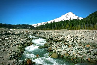 Scenic view of snowcapped mountains against clear sky