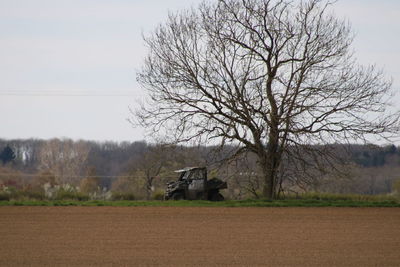 Bare tree on field by house against sky
