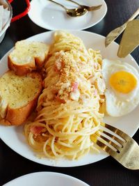 High angle view of food in plate on table