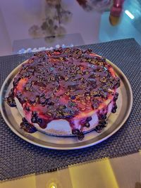 High angle view of cake in plate on table