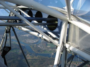 Airplane flying over landscape against sky