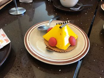 High angle view of food in plate on table