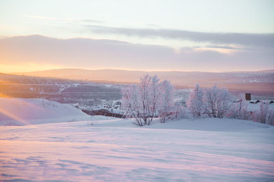 Snow covered field against sky during sunset