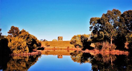 Scenic view of lake against clear blue sky