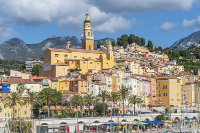 The historic center of menton with the beautiful basilica and colorful houses