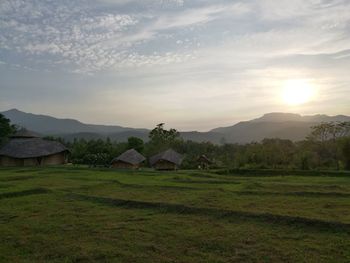 Scenic view of green field and houses against sky