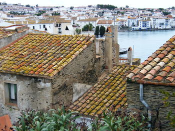 High angle view of old buildings in town