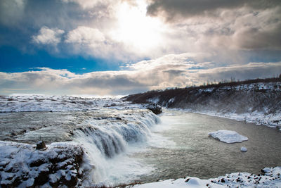 Scenic view of snow covered landscape against sky