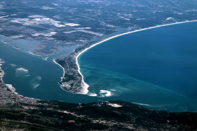 High angle view of sea and mountains