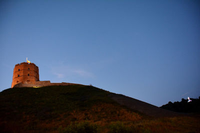 Low angle view of building against clear blue sky