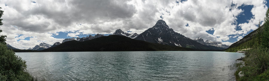 Panoramic view of lake and mountains against sky