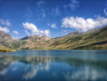 Scenic view of lake and mountains against sky