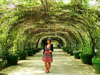 Full length of woman standing on walkway covered with creeper plants