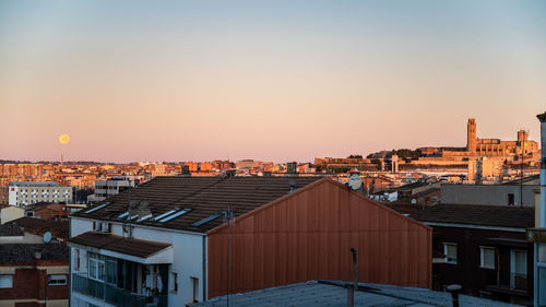 High angle view of townscape against sky at sunset