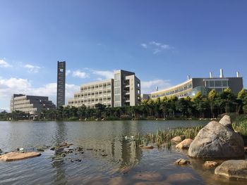 Lake and buildings against sky