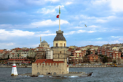 River amidst buildings in city against sky