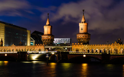 Bridge over river in city at night