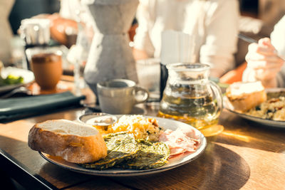 Close-up of breakfast served on table in restaurant