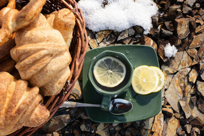 Close-up of food and tea