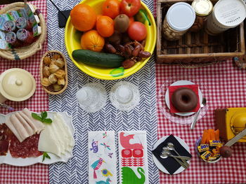 High angle view of breakfast on table