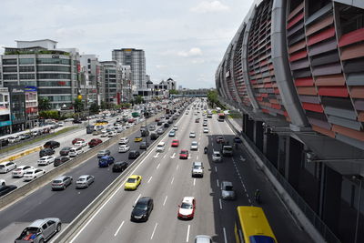 High angle view of traffic on road in city