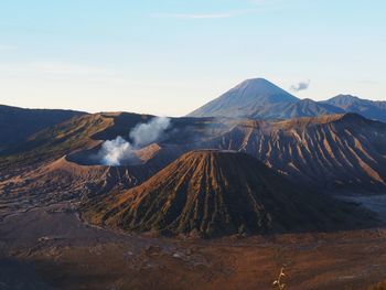 Panoramic view of volcanic landscape against sky