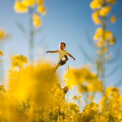 Man jumping on yellow flowering plant against sky