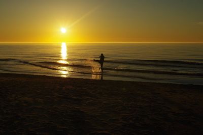 Silhouette person on beach against sky during sunset