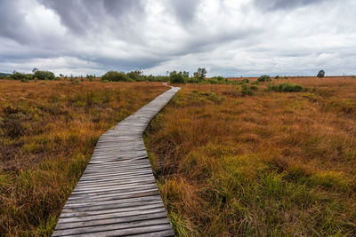 Boardwalk on field against sky