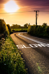 Road by trees against sky during sunset