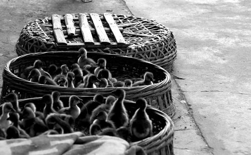 High angle view of wicker basket on table