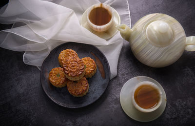 High angle view of breakfast served on table