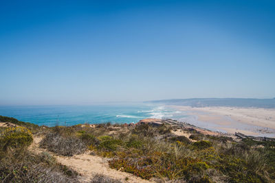 Scenic view of sea against clear blue sky