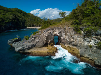 Scenic view of waterfall by river against sky