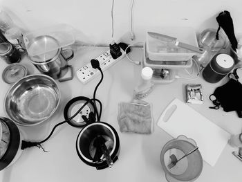 High angle view of wine glasses on table