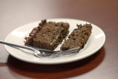 Close-up of cake in plate on table